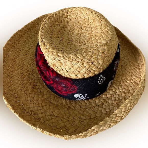 Kate Lord Raffia Hat - M /L tan , rose Skelton bandana - Picture 1 of 5